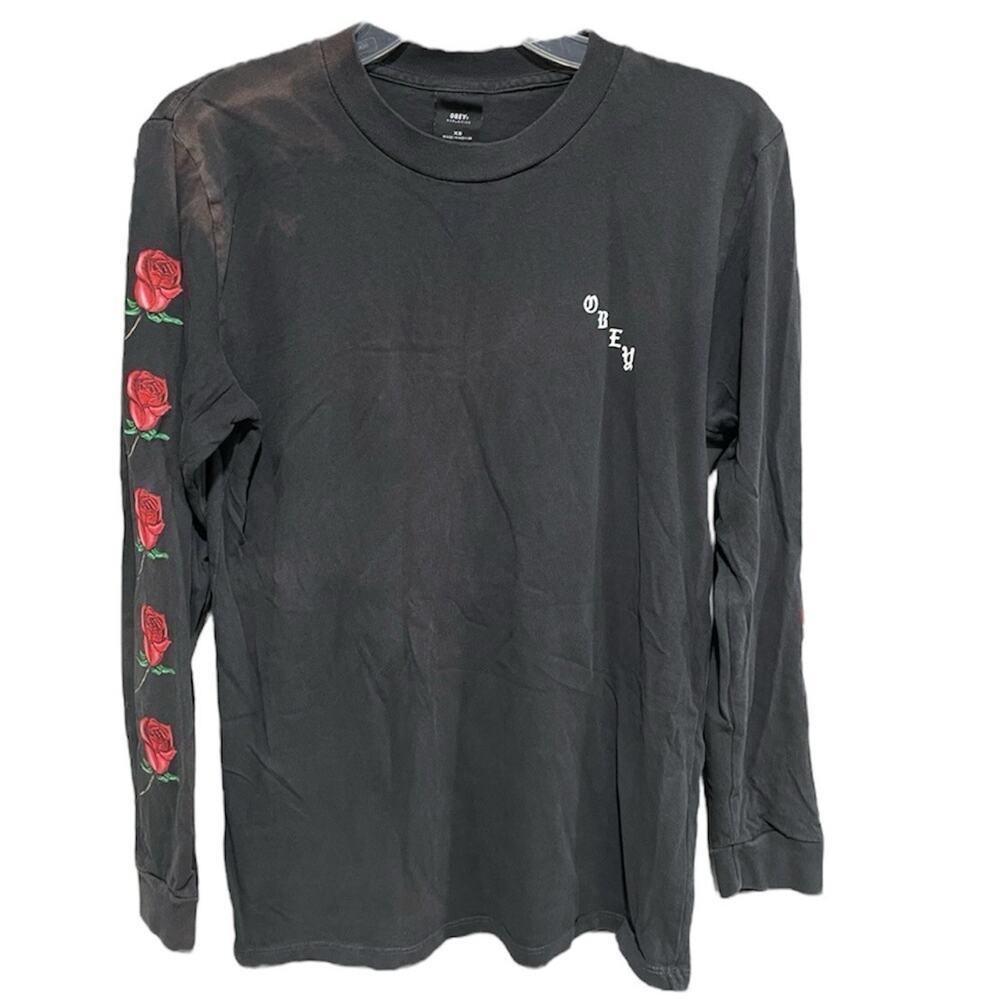 Oversized Obey Womens Olde Rose Long Sleeve Tee Size XS Flower Streetwear FLAWED